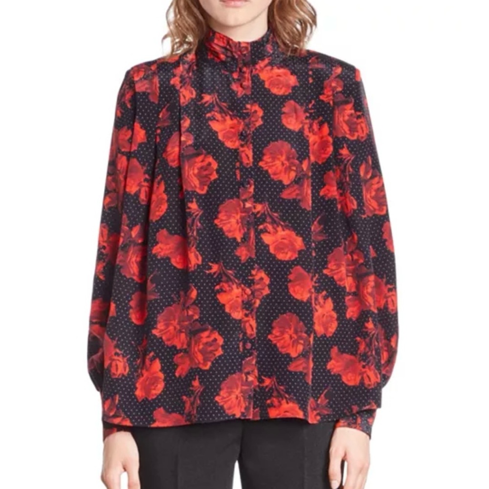 The Kooples Red Floral Blouse rose and dots